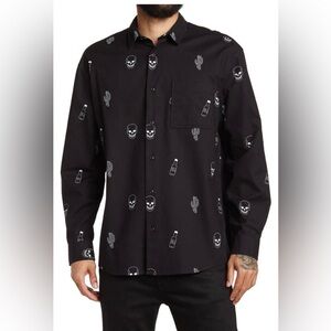 Abound Black Button Up Shirt XL White Skulls Cactus Hot Sauce Cotton Long Sleeve
